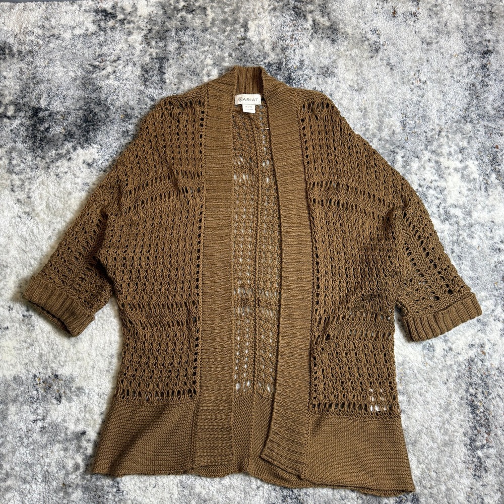 Ariat Womens XL Brown Crochet Pointelle Open Front Cardigan Dolman Short Sleeve
